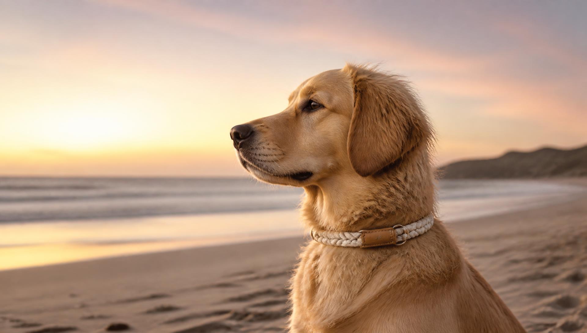 Golden retriever in a rope collar on a beach at golden hour